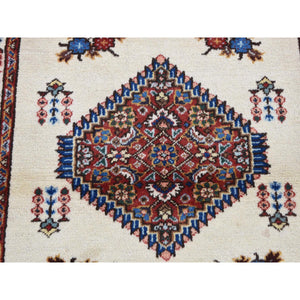 3'3"x4'3" Ivory, New Bohemian Karabakh, Serrated Center Medallion and Flower Design, Pure Wool, Hand Knotted, Oriental Rug FWR524754