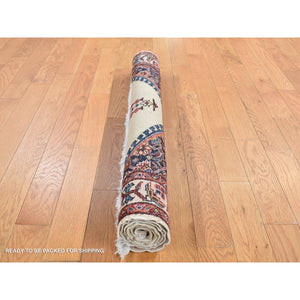 3'3"x4'3" Ivory, New Bohemian Karabakh, Serrated Center Medallion and Flower Design, Pure Wool, Hand Knotted, Oriental Rug FWR524754