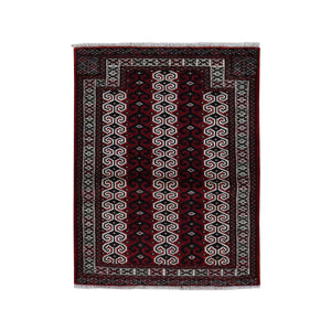 3'2"x4'1" Maroon Red, Turkoman Repetitive Geometrical Prayer Design, Pure Wool, Hand Knotted, Oriental Rug FWR524760