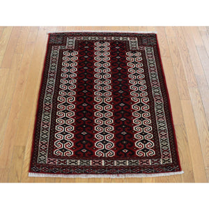3'2"x4'1" Maroon Red, Turkoman Repetitive Geometrical Prayer Design, Pure Wool, Hand Knotted, Oriental Rug FWR524760