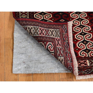 3'2"x4'1" Maroon Red, Turkoman Repetitive Geometrical Prayer Design, Pure Wool, Hand Knotted, Oriental Rug FWR524760