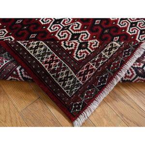 3'2"x4'1" Maroon Red, Turkoman Repetitive Geometrical Prayer Design, Pure Wool, Hand Knotted, Oriental Rug FWR524760