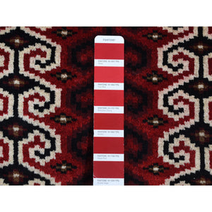 3'2"x4'1" Maroon Red, Turkoman Repetitive Geometrical Prayer Design, Pure Wool, Hand Knotted, Oriental Rug FWR524760