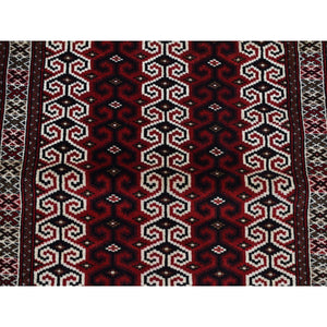 3'2"x4'1" Maroon Red, Turkoman Repetitive Geometrical Prayer Design, Pure Wool, Hand Knotted, Oriental Rug FWR524760