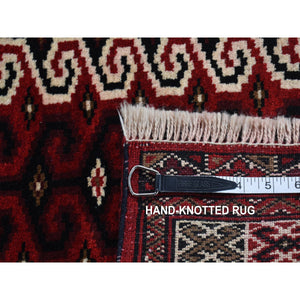 3'2"x4'1" Maroon Red, Turkoman Repetitive Geometrical Prayer Design, Pure Wool, Hand Knotted, Oriental Rug FWR524760