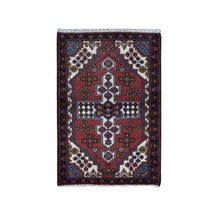 Load image into Gallery viewer, 3&#39;5&quot;x5&#39; Alabama Crimson Red, Vintage Bohemian Persian Hamadan Cross Design, Pure Wool, Hand Knotted, Oriental Rug FWR524784