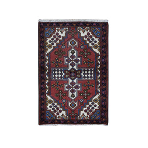 3'5"x5' Alabama Crimson Red, Vintage Bohemian Persian Hamadan Cross Design, Pure Wool, Hand Knotted, Oriental Rug FWR524784