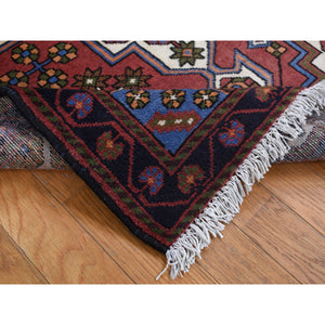 3'5"x5' Alabama Crimson Red, Vintage Bohemian Persian Hamadan Cross Design, Pure Wool, Hand Knotted, Oriental Rug FWR524784