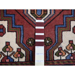 3'5"x5' Alabama Crimson Red, Vintage Bohemian Persian Hamadan Cross Design, Pure Wool, Hand Knotted, Oriental Rug FWR524784