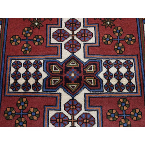 3'5"x5' Alabama Crimson Red, Vintage Bohemian Persian Hamadan Cross Design, Pure Wool, Hand Knotted, Oriental Rug FWR524784