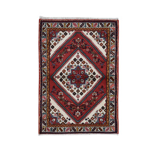 3'5"x5'1" Burgundy Red, New Persian Hamadan, Diamond and Flower Design, Pure Wool, Hand Knotted, Oriental Rug FWR524808