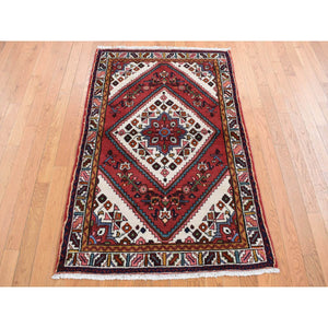 3'5"x5'1" Burgundy Red, New Persian Hamadan, Diamond and Flower Design, Pure Wool, Hand Knotted, Oriental Rug FWR524808