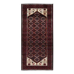 3'8"x7'9" Maroon Red, Vintage Persian Baluch with Peacock Design, Pure Wool, Hand Knotted, Wide Runner Oriental Rug FWR524820
