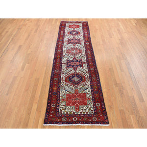 3'3"x11'2" Ivory, Vintage Persian Karajeh, Pure Wool, Hand Knotted, Runner Oriental Rug FWR524826