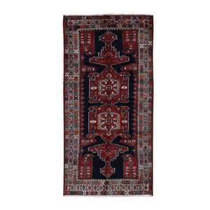 4'8"x9'7" Millennium Blue, New Persian Hamadan with Large Geometric Elements, Pure Wool, Hand Knotted, Gallery Size Runner Oriental Rug FWR524832