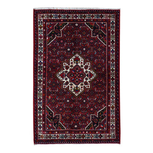 5'x7'7" Vermilion Red, New Persian Hamadan, Geometric Flower Design, Pure Wool, Hand Knotted, Oriental Rug FWR524838