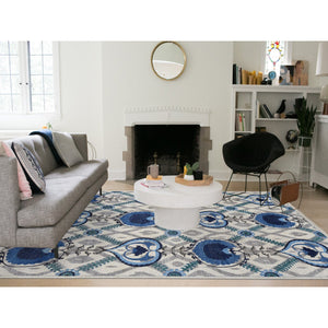 10'x13'9" Ivory, On Clearance, Hand Knotted, Arts and Crafts Design, Repetitive Heart Shape and Large Leaves, Pure Wool, Oriental Rug FWR525066