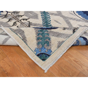 10'x13'9" Ivory, On Clearance, Hand Knotted, Arts and Crafts Design, Repetitive Heart Shape and Large Leaves, Pure Wool, Oriental Rug FWR525066