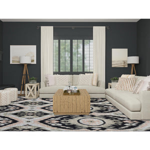 9'1"x13' Eerie Black, 100% Wool, Ikat Uzbek Design, Hand Knotted, Oriental Rug FWR525078