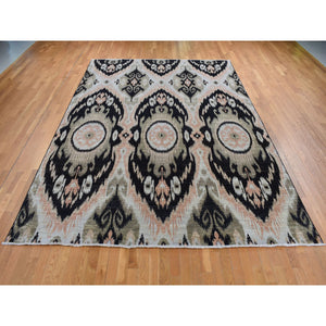 9'1"x13' Eerie Black, 100% Wool, Ikat Uzbek Design, Hand Knotted, Oriental Rug FWR525078