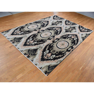 9'1"x13' Eerie Black, 100% Wool, Ikat Uzbek Design, Hand Knotted, Oriental Rug FWR525078