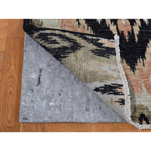 9'1"x13' Eerie Black, 100% Wool, Ikat Uzbek Design, Hand Knotted, Oriental Rug FWR525078
