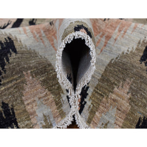 9'1"x13' Eerie Black, 100% Wool, Ikat Uzbek Design, Hand Knotted, Oriental Rug FWR525078