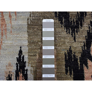 9'1"x13' Eerie Black, 100% Wool, Ikat Uzbek Design, Hand Knotted, Oriental Rug FWR525078