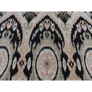 9'1"x13' Eerie Black, 100% Wool, Ikat Uzbek Design, Hand Knotted, Oriental Rug FWR525078