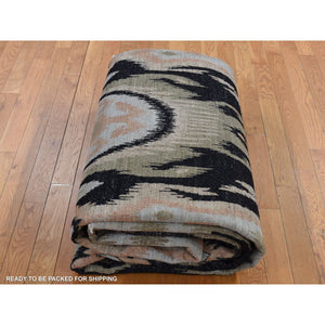 9'1"x13' Eerie Black, 100% Wool, Ikat Uzbek Design, Hand Knotted, Oriental Rug FWR525078