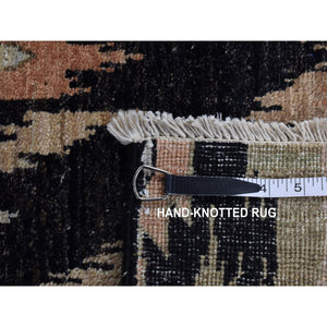 9'1"x13' Eerie Black, 100% Wool, Ikat Uzbek Design, Hand Knotted, Oriental Rug FWR525078