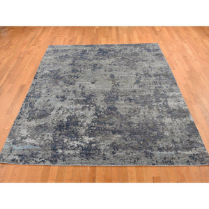 7'10"x9'9" Battleship Gray, Hi-Low Pile, Modern Abstract Design, Wool and Silk, Hand Knotted, Oriental Rug FWR525090