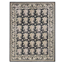 Load image into Gallery viewer, 9&#39;1&quot;x12&#39;4&quot; Walnut Hull Black, Dense Weave, Fine Peshawar with All Over Repetitive Flower Bouquets Design, Hand Knotted, Pure Wool, Oriental Rug FWR525102