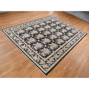 9'1"x12'4" Walnut Hull Black, Dense Weave, Fine Peshawar with All Over Repetitive Flower Bouquets Design, Hand Knotted, Pure Wool, Oriental Rug FWR525102