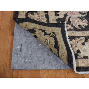 9'1"x12'4" Walnut Hull Black, Dense Weave, Fine Peshawar with All Over Repetitive Flower Bouquets Design, Hand Knotted, Pure Wool, Oriental Rug FWR525102