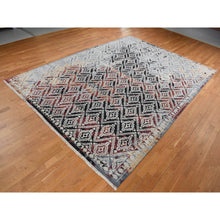 Load image into Gallery viewer, 9&#39;10&quot;x14&#39; Void Black, Supple Collection, Erased Repetitive Mughal Design, Pure Wool, Hand Knotted, Oriental Rug FWR525108