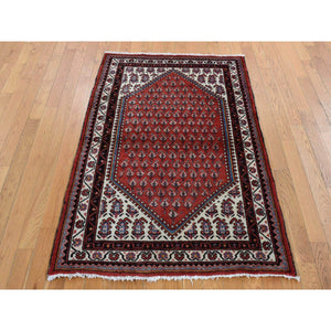 3'5"x5'2" Fire Brick Red, Pure Wool, Vintage Sarouk Mir with Boteh Design, Hand Knotted, Oriental Rug FWR525126