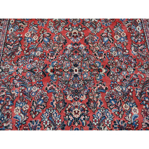 6'3"x9'7" Prismatic Legacy Red, 100% Wool, Antique Persian Sarouk, Hand Knotted, Clean, Soft, Full and Thick Pile with No Wear, Sides and Ends Professionally Secured, Oriental Rug FWR525378