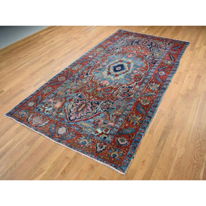 6'8"x13' Crimson Red, Antique Persian Heriz, Evenly Worn, 100% Wool, Hand Knotted, Clean, Sides and Ends Professionally Secured, Long and Narrow Gallery Size Oriental Rug FWR525390