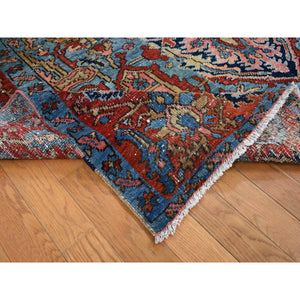 6'8"x13' Crimson Red, Antique Persian Heriz, Evenly Worn, 100% Wool, Hand Knotted, Clean, Sides and Ends Professionally Secured, Long and Narrow Gallery Size Oriental Rug FWR525390