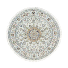 Load image into Gallery viewer, 6&#39;5&quot;x6&#39;5&quot; Powder White, Organic Wool, Hand Knotted, Nain with Center Medallion Flower Design, 250 KPSI, Round Oriental Rug FWR540024