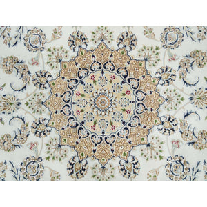 6'5"x6'5" Powder White, Organic Wool, Hand Knotted, Nain with Center Medallion Flower Design, 250 KPSI, Round Oriental Rug FWR540024