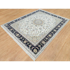 7'9"x10'1" Powder White, Hand Knotted, Nain with Center Medallion Flower Design, 250 KPSI, Extra Soft Wool, Oriental Rug FWR540036