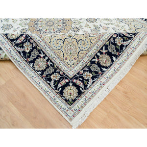 7'9"x10'1" Powder White, Hand Knotted, Nain with Center Medallion Flower Design, 250 KPSI, Extra Soft Wool, Oriental Rug FWR540036
