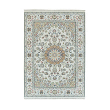 Load image into Gallery viewer, 4&#39;7&quot;x6&#39;8&quot; Powder White, Nain with Center Medallion Flower Design, 250 KPSI, 100% Wool, Hand Knotted, Oriental Rug FWR540078