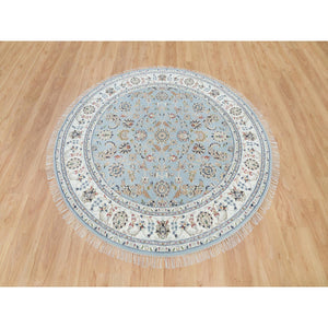 6'x6' Beau Blue, 250 KPSI, Pure Wool, Hand Knotted, Nain with All Over Flower Design, Round Oriental Rug FWR540102
