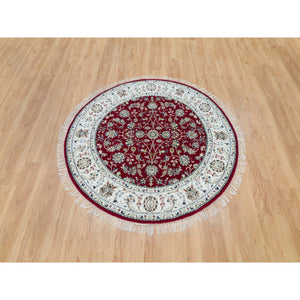 4'10"x4'10" Burgundy Red, Nain with All Over Flower Design, 250 KPSI, Extra Soft Wool, Hand Knotted, Round Oriental Rug FWR540108