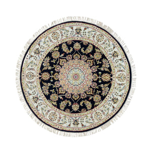 4'x4' Midnight Blue, Natural Wool, Hand Knotted, Nain with Center Medallion Flower Design, 250 KPSI, Round Oriental Rug FWR540126