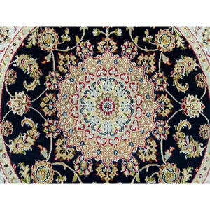 4'x4' Midnight Blue, Natural Wool, Hand Knotted, Nain with Center Medallion Flower Design, 250 KPSI, Round Oriental Rug FWR540126