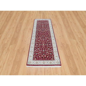 2'9"x8'2" Burgundy Red, Hand Knotted, Nain with All Over Flower Design, 250 KPSI, Organic Wool, Runner Oriental Rug FWR540132